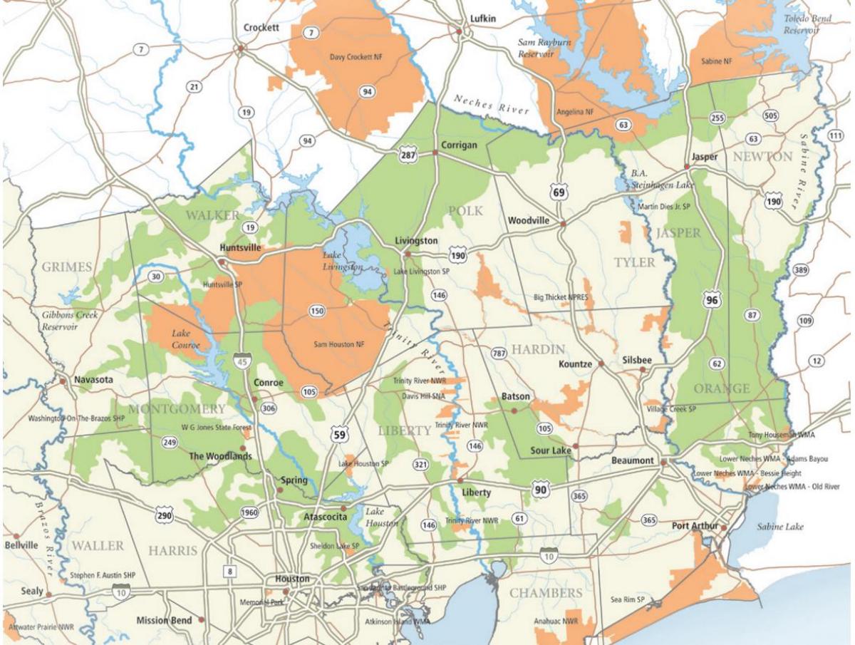 карта на сем Хјустон националната шума